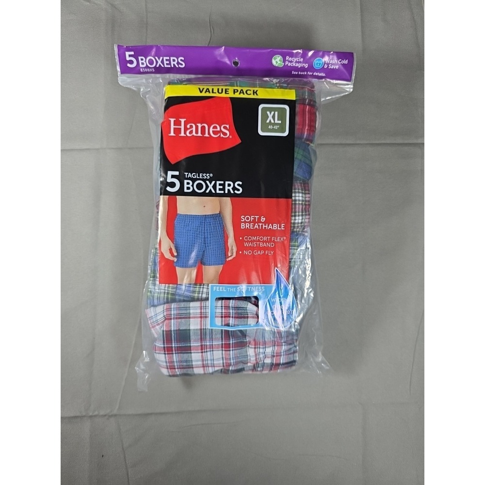 Hanes Mens Boxer Shorts XL 40-42 Tagless 5 Pack Plaid Value Pack New